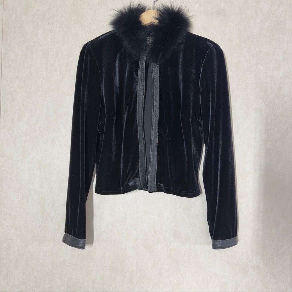 Double D Ranch Women’s Black Velvet Jacket Topper Leather Trim Faux Fur Collar M